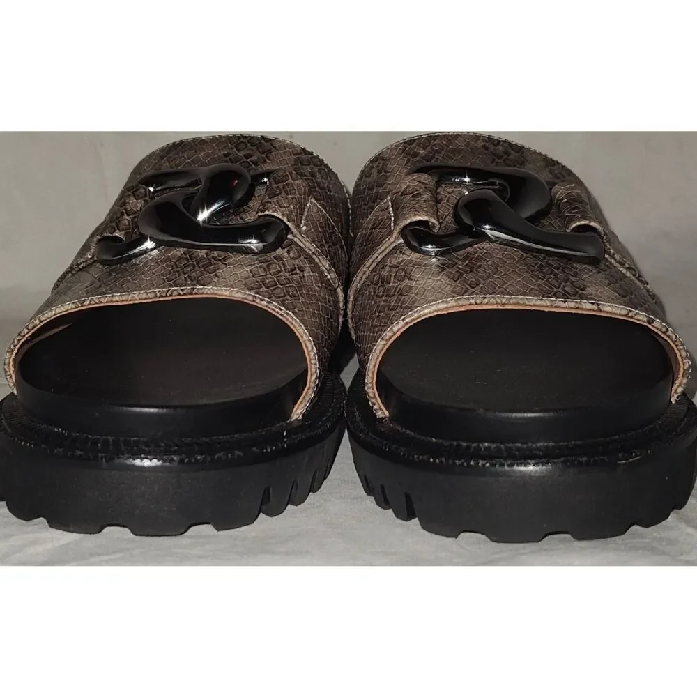Aerosoles Lima Leather Chunky Lug Soles Slide Sandals Black/ Taupe Snake Size l0